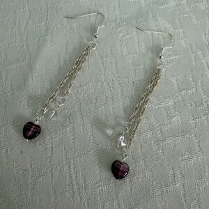 Silver Toned Chain Glass Heart Earrings